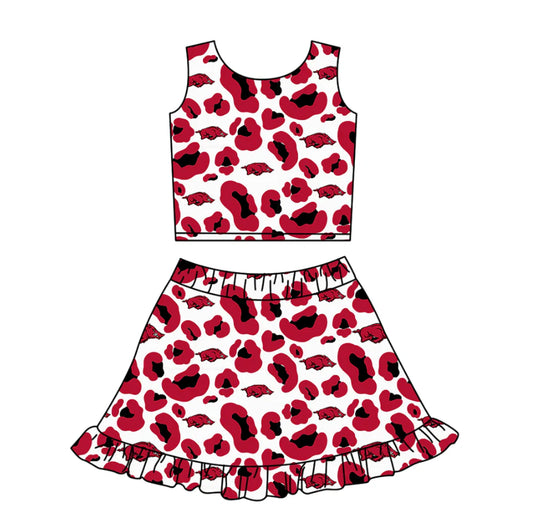 ( Moq 5 ) Baby Girls Kids Sleeveless Red Leopard Pigs Football Tops Shorts Skirt Team Clothes Set