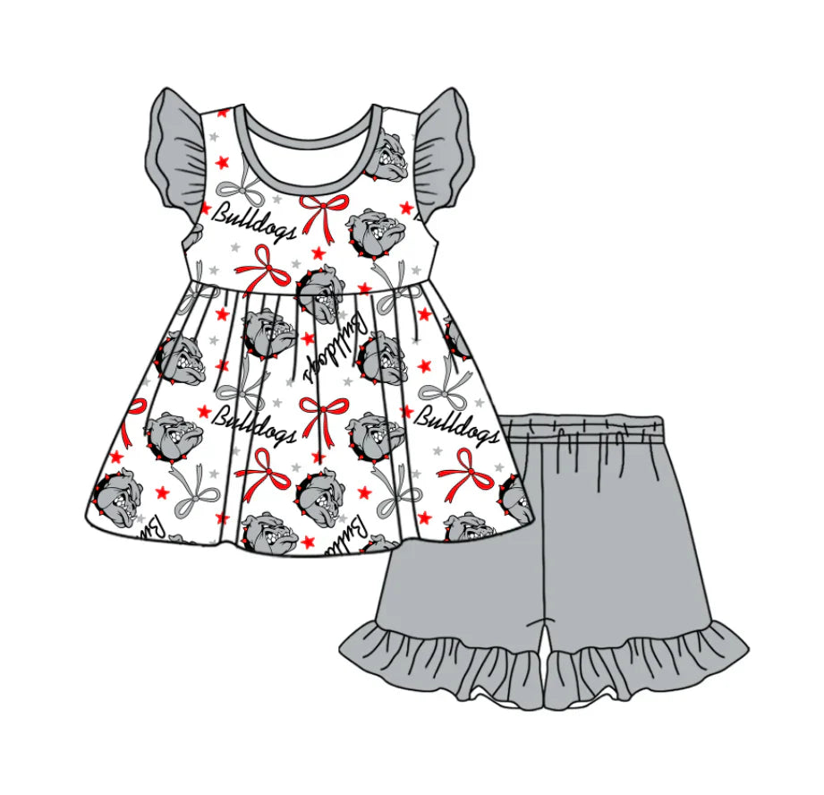 Baby Girl Short Sleeves Team Dogs Bows Tunic Grey Shorts Clothes Set ( Moq 5 )