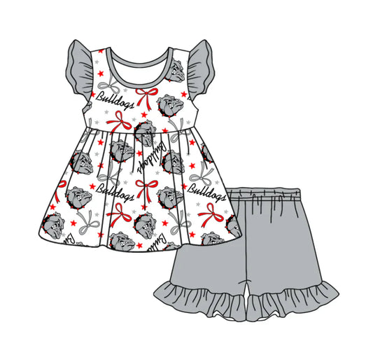 Baby Girl Short Sleeves Team Dogs Bows Tunic Grey Shorts Clothes Set ( Moq 5 )