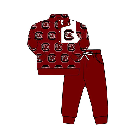 Baby Boy Long Sleeves Team Pullover Shirt Dark Red Pants Fall Clothes Set