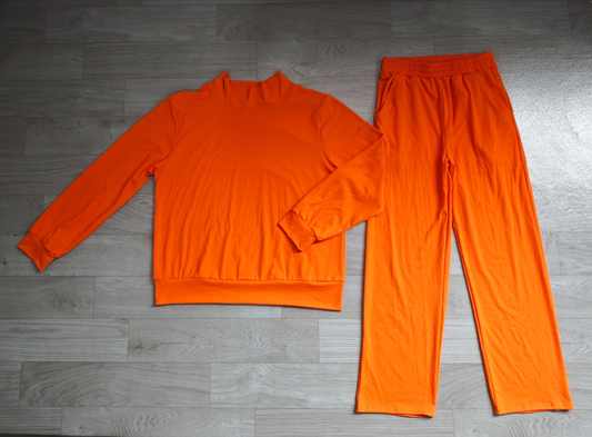 ( No moq ) Preorder Adult Women Long Sleeves Orange Shirt Pockets Pants Cotton Set Clothes