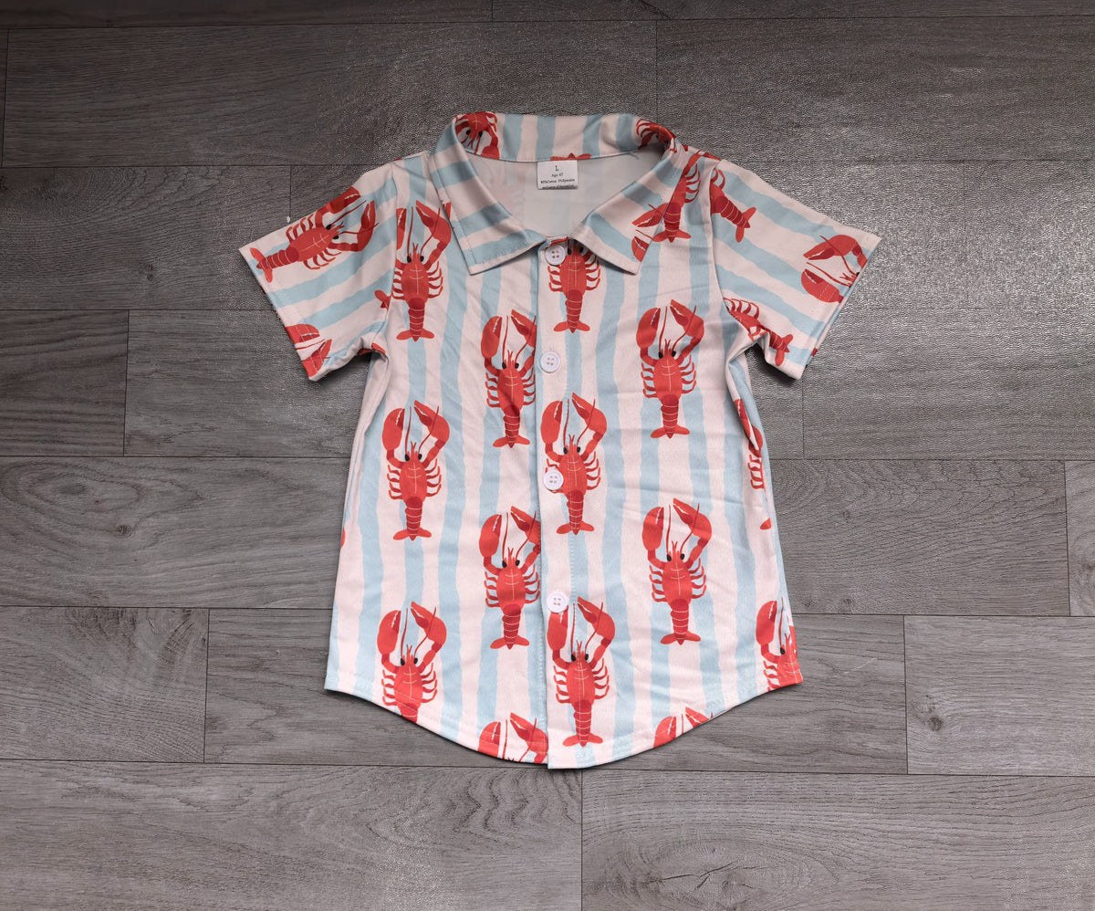 ( No moq ) Preorder Baby Boys Kids Short Sleeves Crayfish Stripes Buttons Shirt Tops Summer Clothes