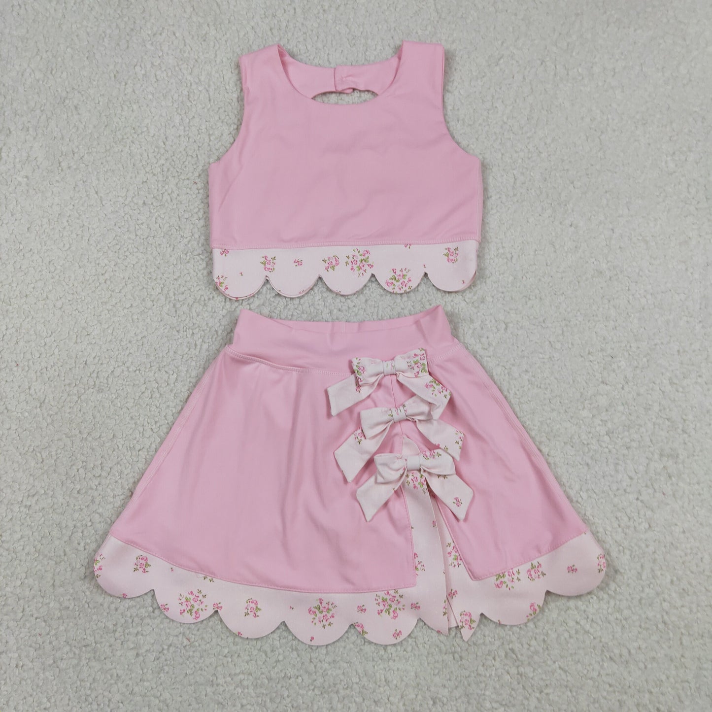 Baby Girls Pink Sleeveless Tops Bows Skirt Shorts Yoga Clothes Set RTS