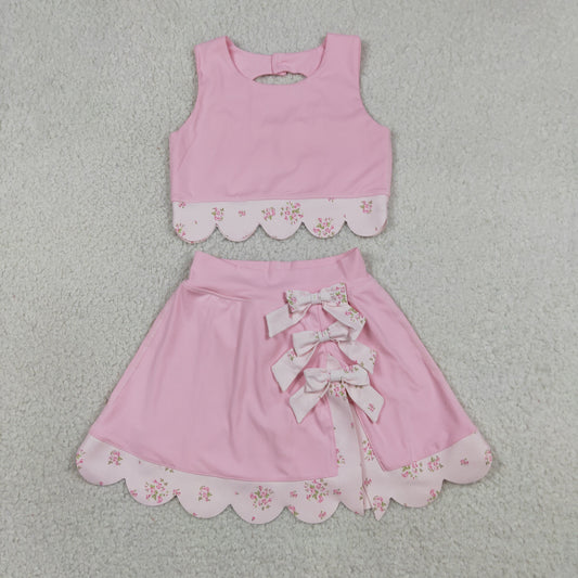 Baby Girls Pink Sleeveless Tops Bows Skirt Shorts Yoga Clothes Set RTS