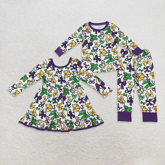 Sibling Girls Kids Long Sleeves Mardi Gras Colorful Bows Dress Pajamas Set RTS