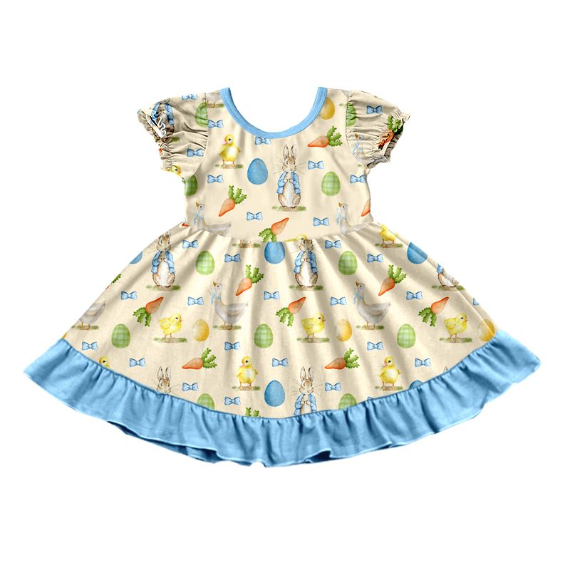 ( Moq 5 ) Preorder Baby Girls Kids Rabbits Carrots Bows Easter Blue Ruffle Dress Clothes