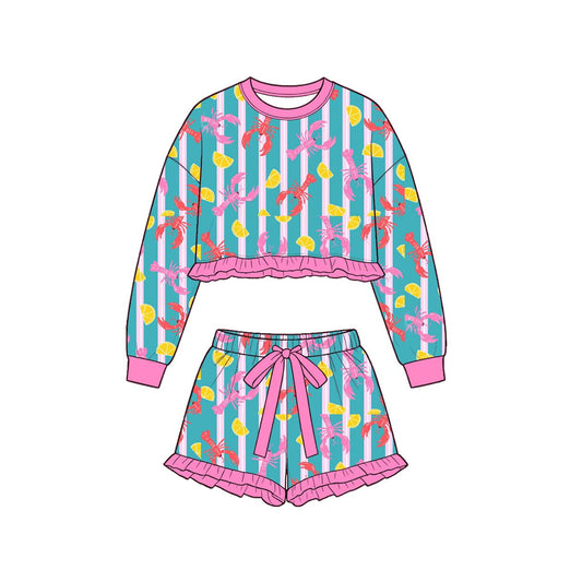 ( Moq 5 ) Preorder Baby Girls Kids Long Sleeves Crayfish Stripes Shirt Shorts Set Clothes