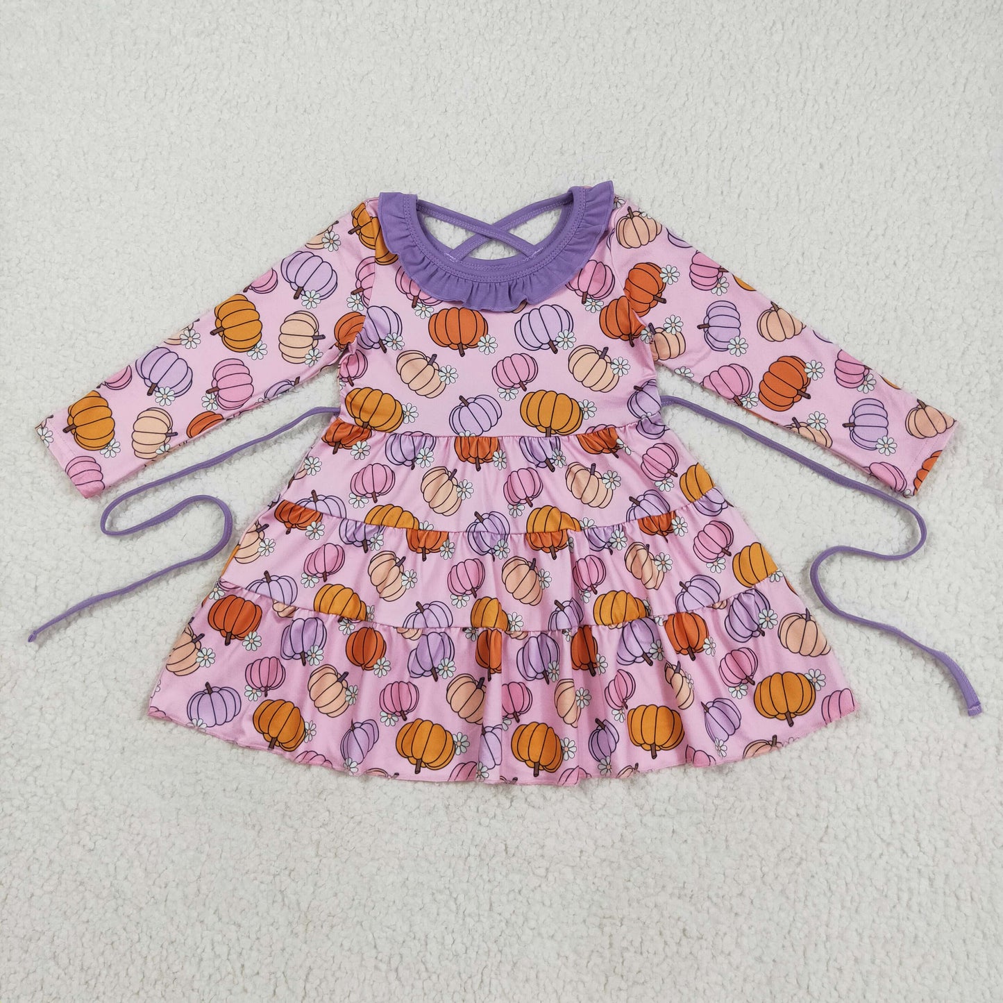 Baby Girl Long Sleeves Flower Pumpkins Knee Length Dress RTS
