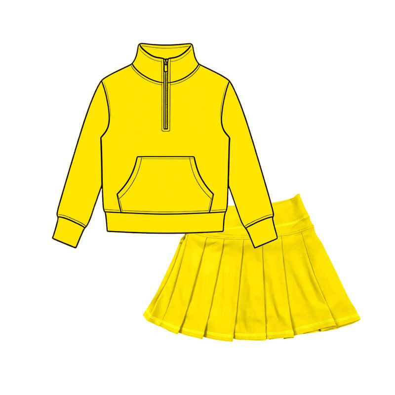 ( Moq 5 ) Preorder Baby Girls Kids Pocket Zipper Yellow Shirt Skirt Shorts Yoga Active Set Clothes