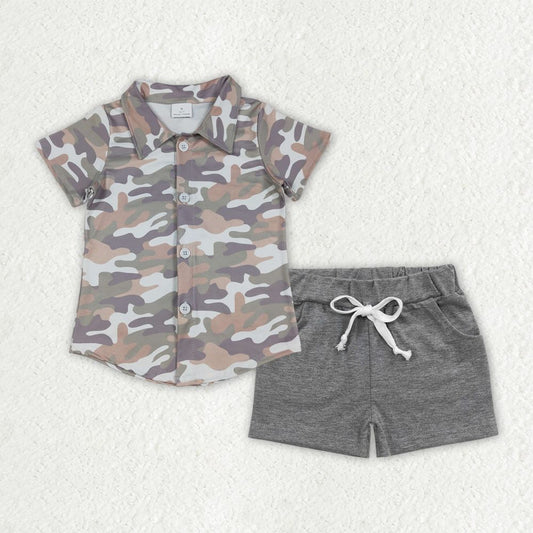 Baby Boys Kids Camo Short Sleeves Buttons Shirt Grey Pockets Shorts Clothes Set RTS