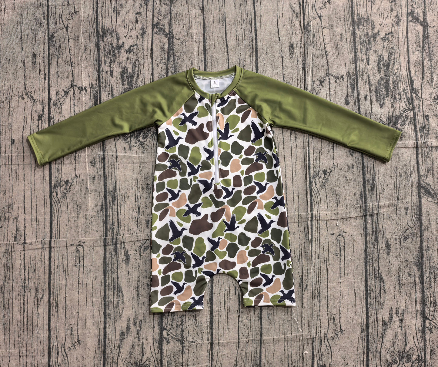 ( No moq ) Preorder Baby Boys Long Sleeves Ducks Green Camo Zipper One-piece Swimsuit