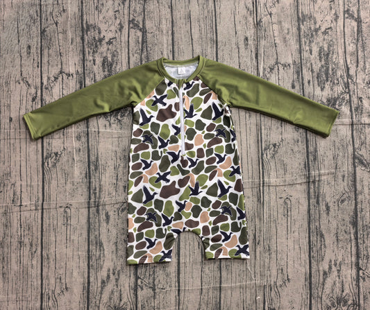 ( No moq ) Preorder Baby Boys Long Sleeves Ducks Green Camo Zipper One-piece Swimsuit