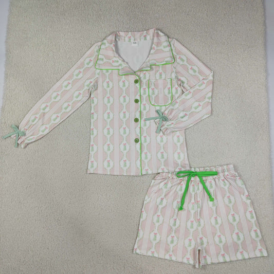 Adult Women Long Sleeves Christmas Tree Bows Buttons Tops Shorts Pajamas Pink Set RTS