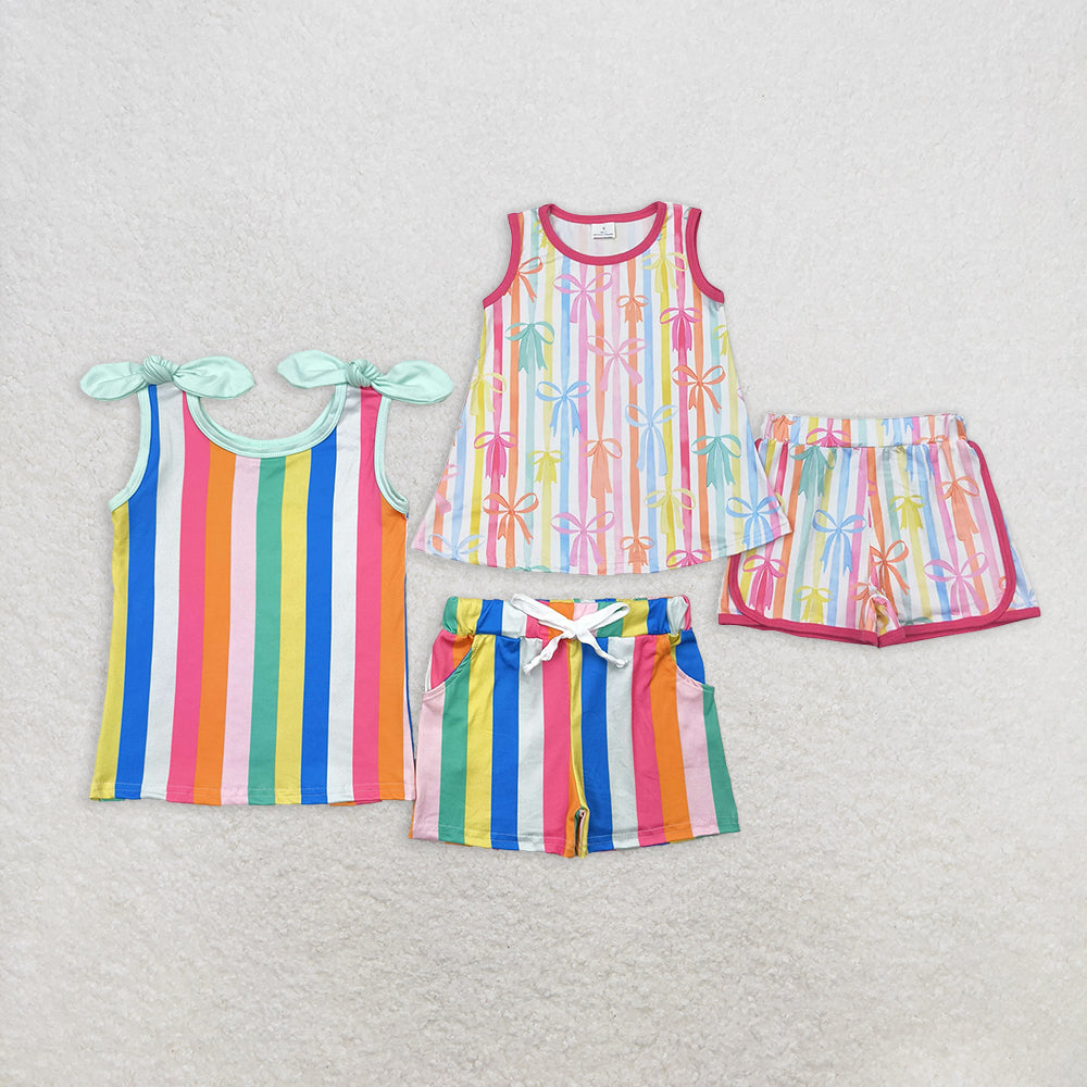 Baby Girl Sleeveless Colorful Stripes Bows Tops Shorts Sibling Set Clothes RTS