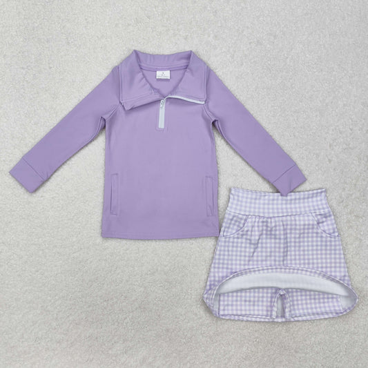 RTS Baby Girl Long Sleeves Purple Zipper Shirt Plaid Pocket Skorts Shorts Skirt Active Wear Clothes Set