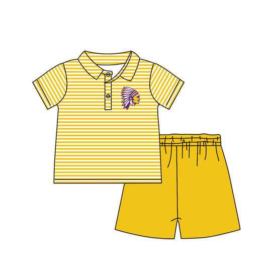 Baby Boy Short Sleeves Team Yellow Stripes Buttons Shirt Shorts Set Moq 5