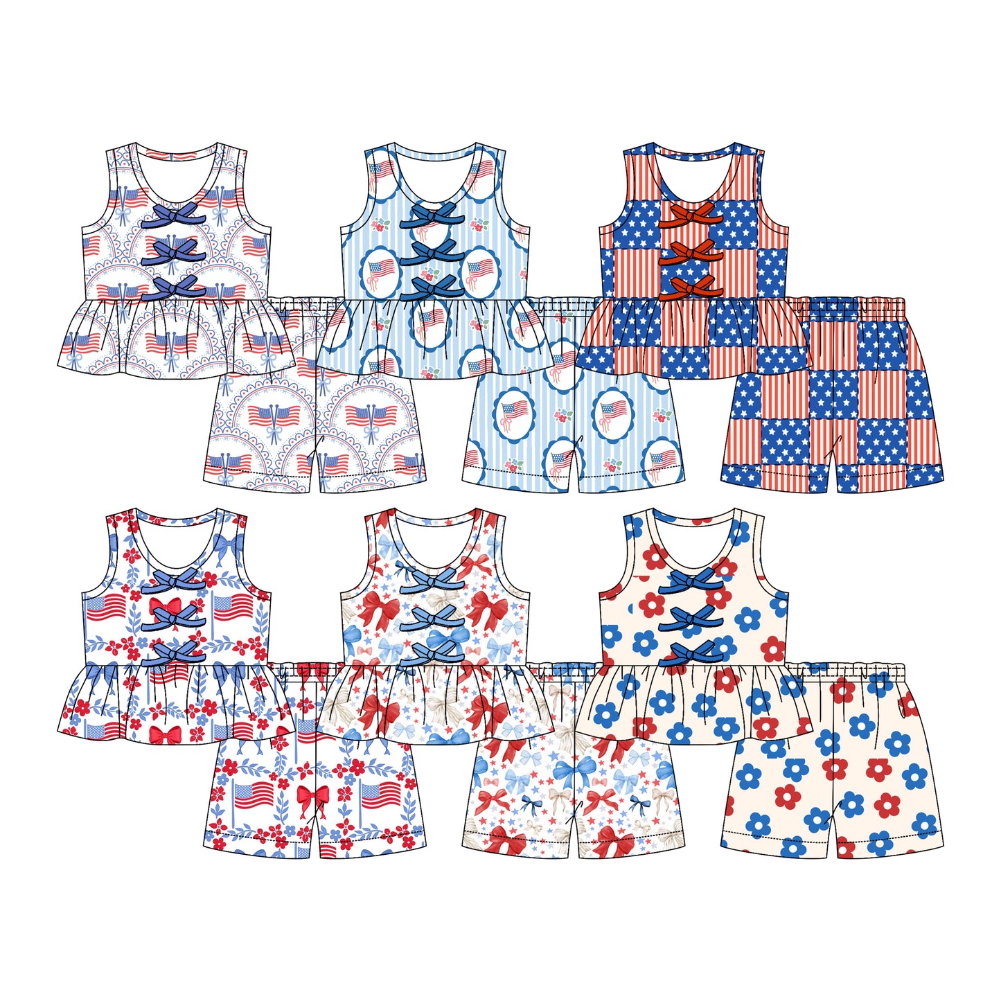 ( Moq 5 Each Style ) Sibling Baby Girls Kids Flags Bows Flower Tops Shorts Sets 4th of July Clothes
