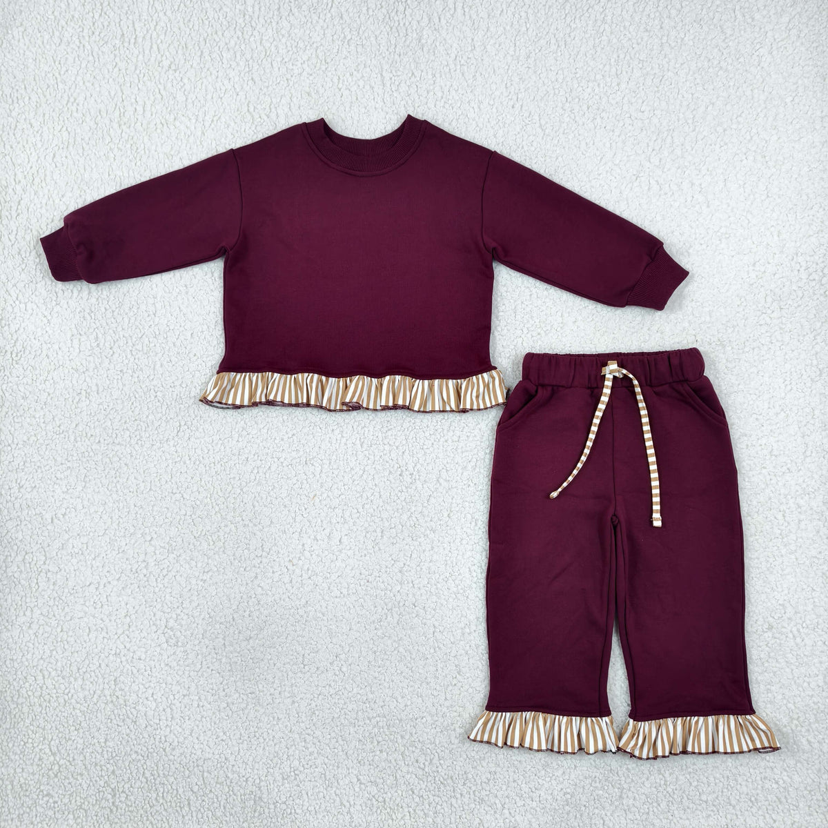Baby Girls Kids Long Sleeves Dark Red Shirt Pockets Pants Set Sweatsuit‌ Clothes RTS