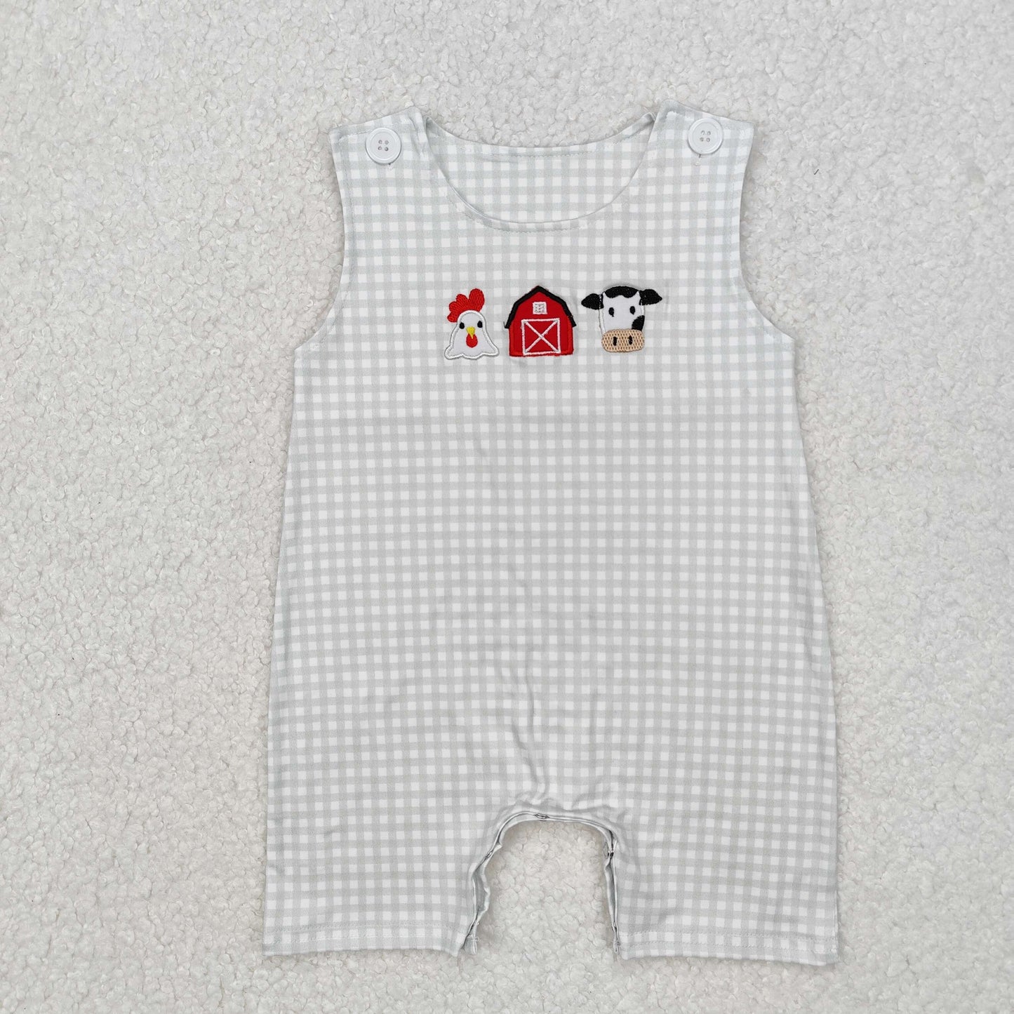 Baby Boy Infant Sleeveless Embroidery Farm Chicken Cow Plaid Buttons Romper