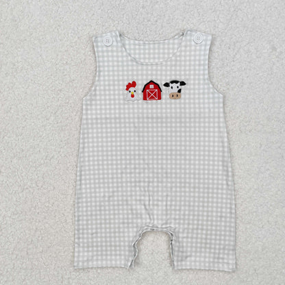 Baby Boy Infant Sleeveless Embroidery Farm Chicken Cow Plaid Buttons Romper