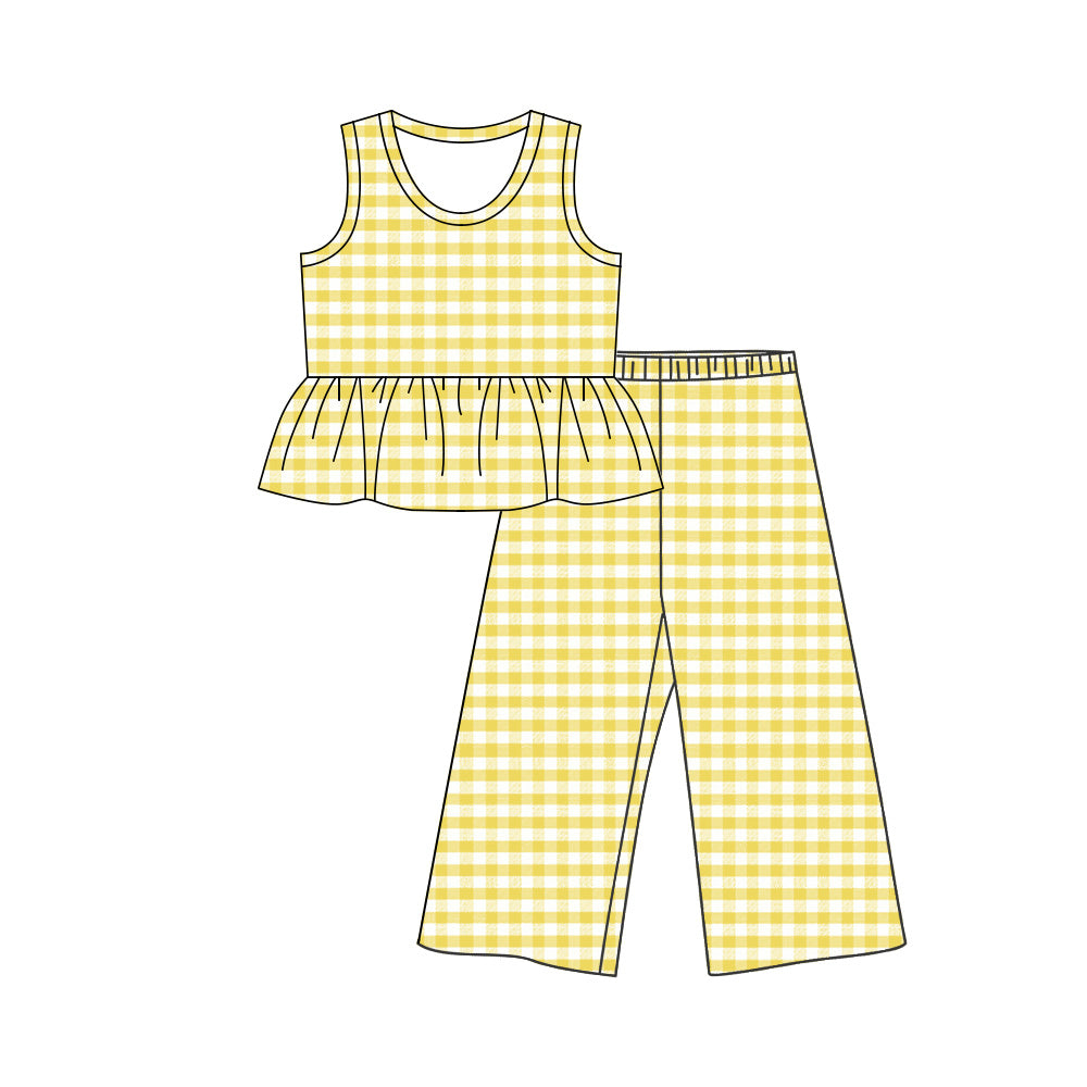 ( Moq 5 ) Preorder Baby Girls Kids Sleeveless Yellow Plaid Ruffle Tops Pants Set Clothes