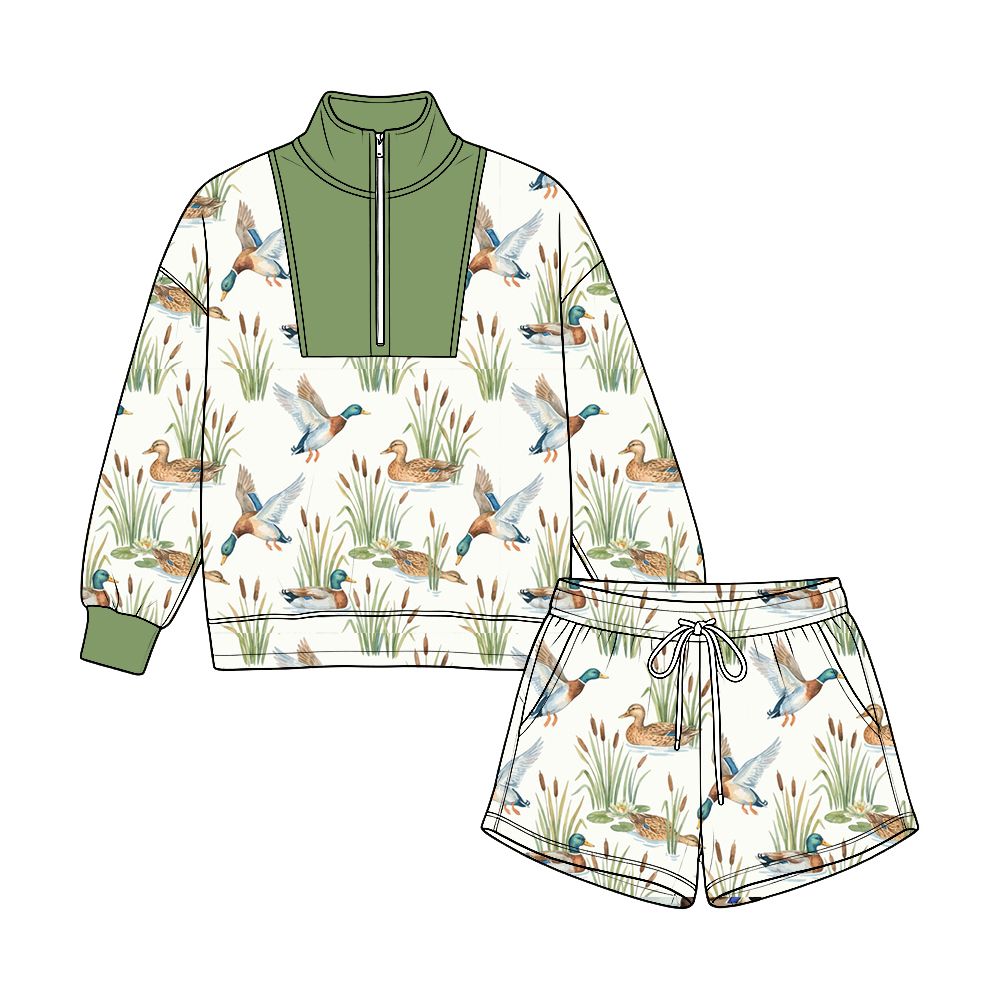 ( Moq 5 ) Preorder Baby Boys Long Sleeves Zipper Pullover Pockets Shorts  Set Ducks Clothes