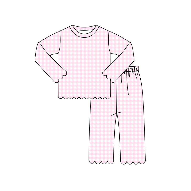 ( Moq 5 ) Preorder Baby Girl Kids Long Sleeves Scallop Shirt Pink Plaid Pants Set Pajamas Clothes