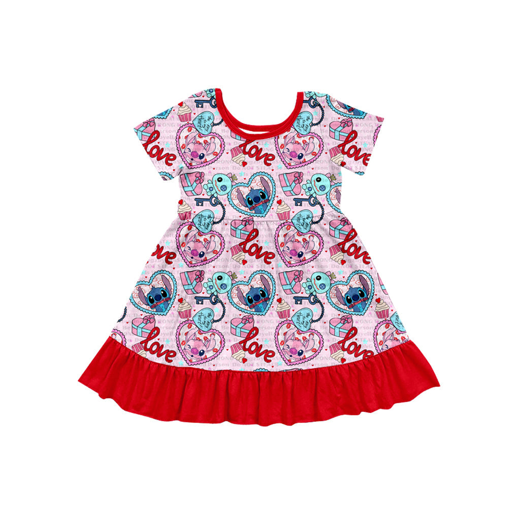 Baby Girl Short Sleeves Valentines Mouse Ruffle Knee Length Dress Moq 5