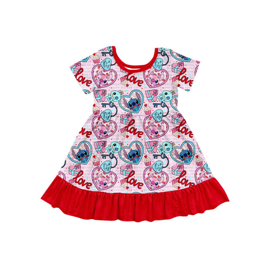 Baby Girl Short Sleeves Valentines Mouse Ruffle Knee Length Dress Moq 5