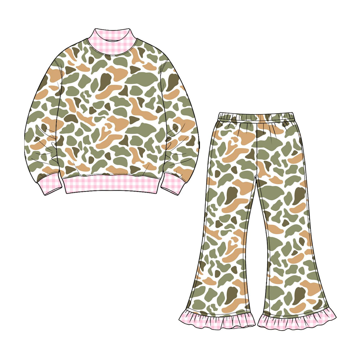 ( Moq 5 ) Preorder Baby Girls Kids Long Sleeves Plaid Shirt Camo Bell Pants Set Clothes