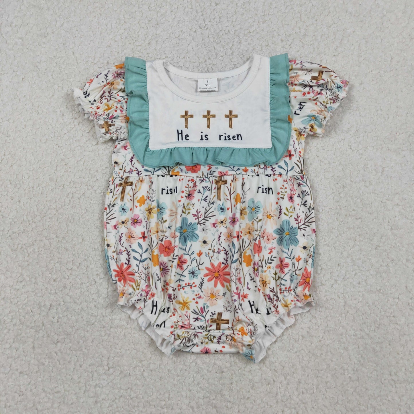 Baby Girls Short Sleeves Crosses Flower Easter Bubble Romper RTS