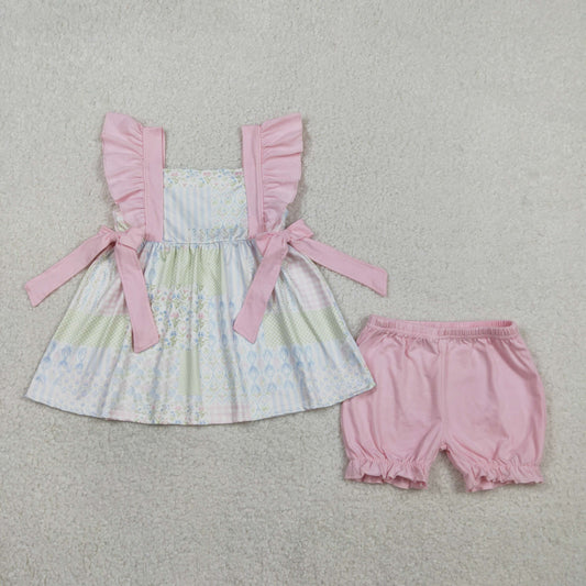 Baby Girls Short Sleeves Floral Bows Tunic Pink Shorts Clothes Set RTS