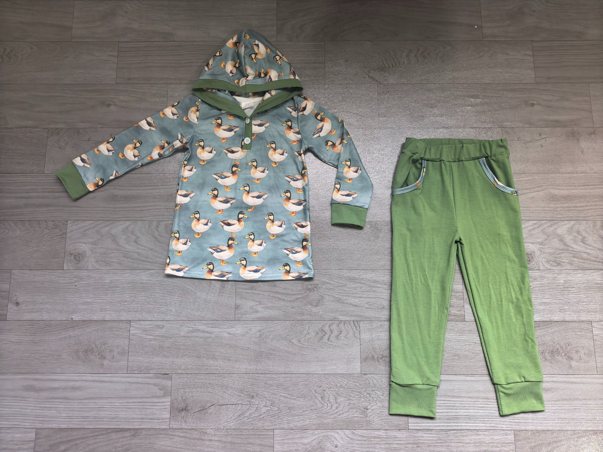 ( No moq ) Preorder Baby Boys Kids Ducks Hoodie Buttons Shirt Pockets Green Pants Clothes Set