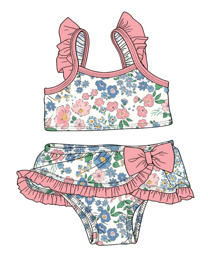 ( Moq 5 Each Style ) Sibling Baby Girls Kids Floral Tops Ruffle Shorts Pink Bows Sets Summer Swimsuits