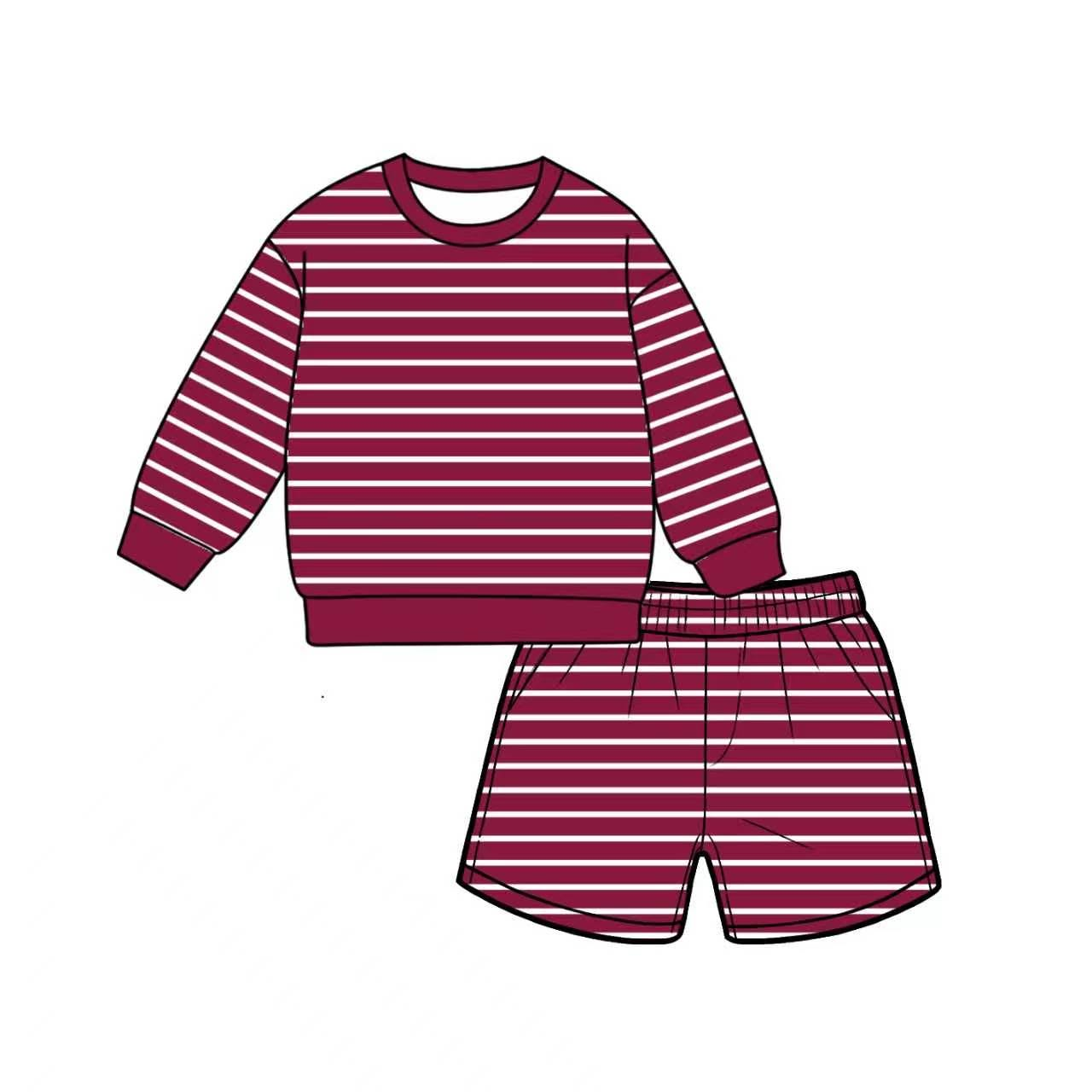 ( Moq 5 ) Preorder Adult Women Long Sleeves Dark Red Stripes Shirt Pockets Shorts Yoga Active Set