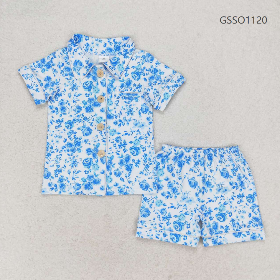 Baby Girls Kids Short Sleeves Blue Flower Buttons Shirt Shorts Pajamas Clothes Set RTS
