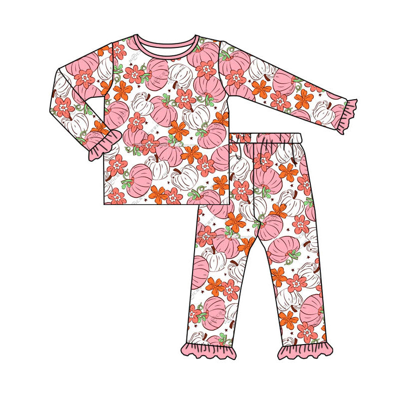 Baby Girl Pink Pumpkin Flower Shirt Pants Pajamas Set