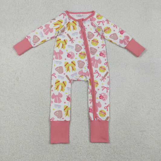 Girls Infant Long Sleeves Softball Bows Zipper Sleeper Romper RTS