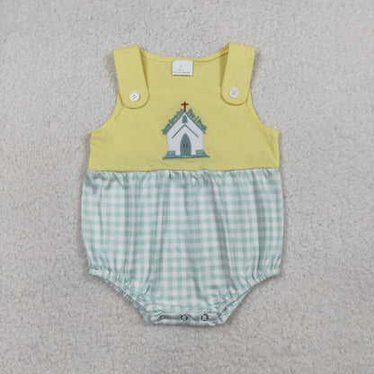 Baby Boys Sleeveless Embroidery Cross Jesus Plaid Easter Plaid Bubble Romper RTS