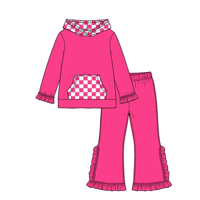 ( Moq 5 ) Preorder Baby Girls Kids Checked Pocket Hoodie Shirt Pants Hot Pink Set Cotton Clothes
