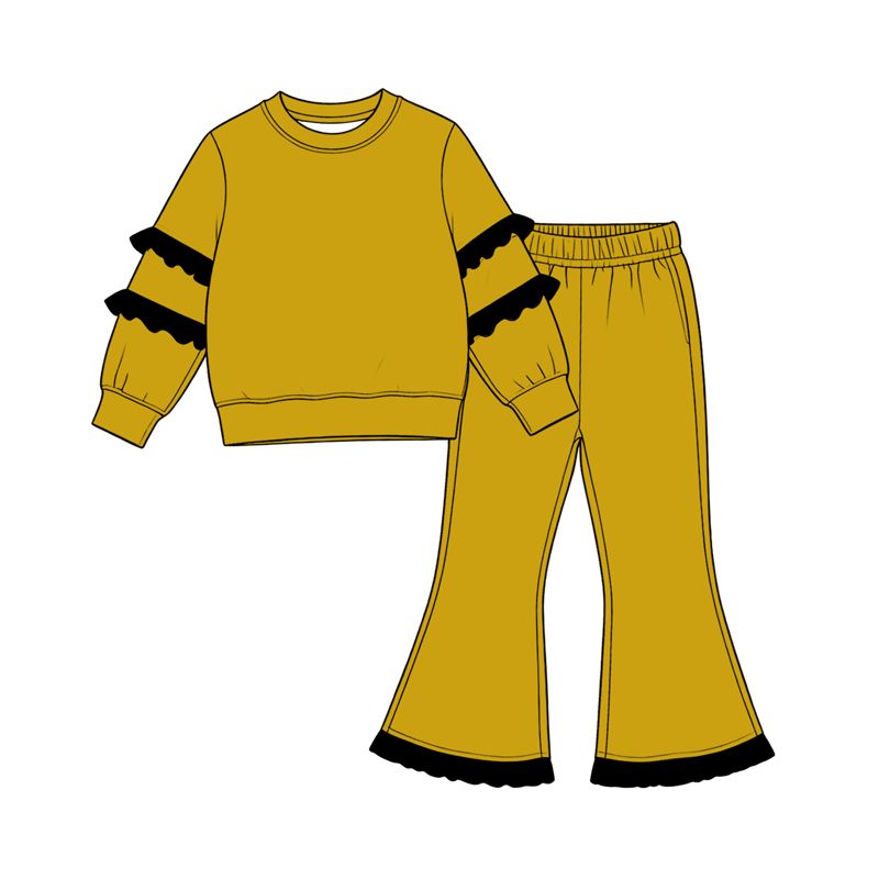( Moq 5 ) Preorder Baby Girls Kids Long Sleeves Tops Bell Pants Gold Set Cotton Clothes