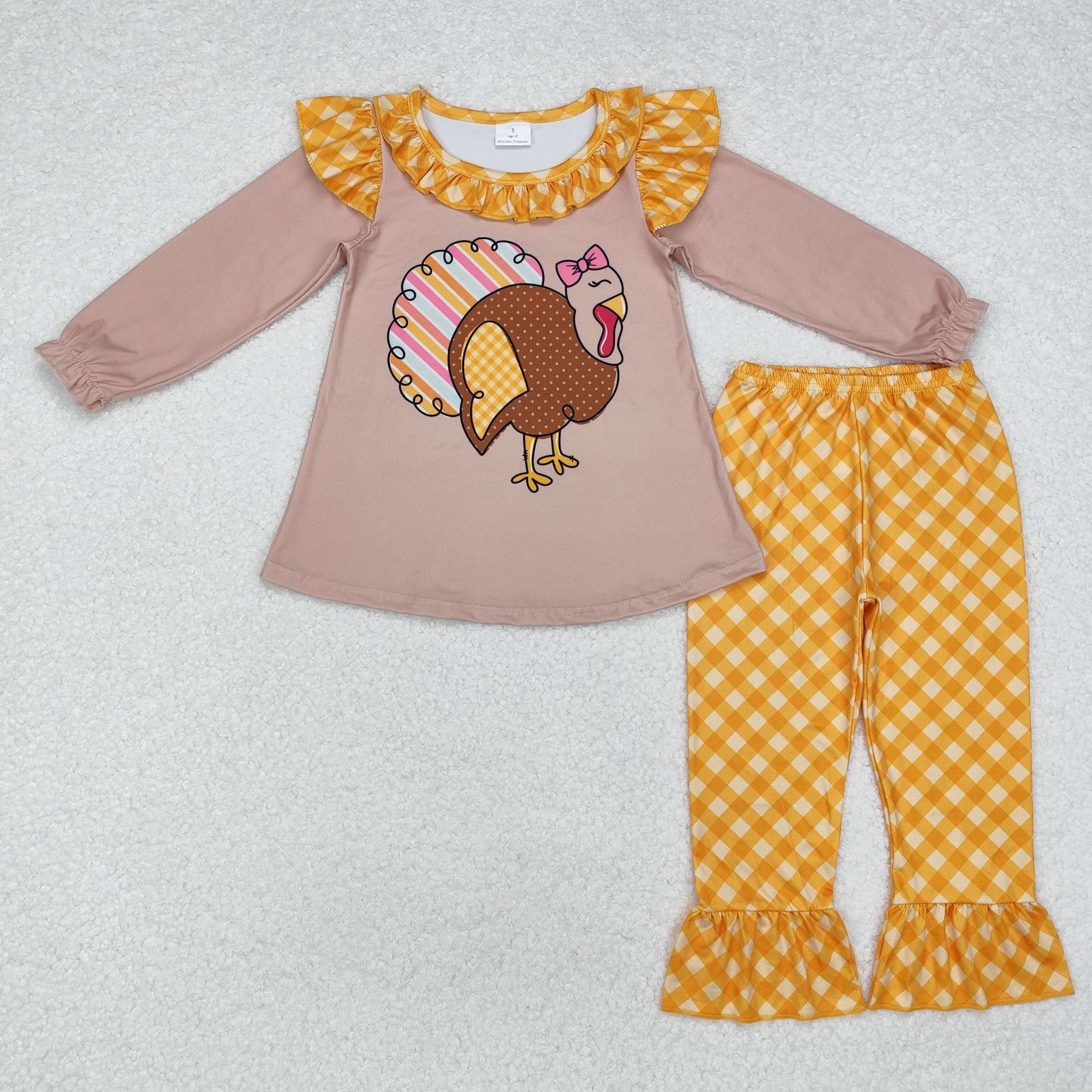 Baby Girl Long Sleeves Thanksgiving turkey Tunic Plaid Pants Set