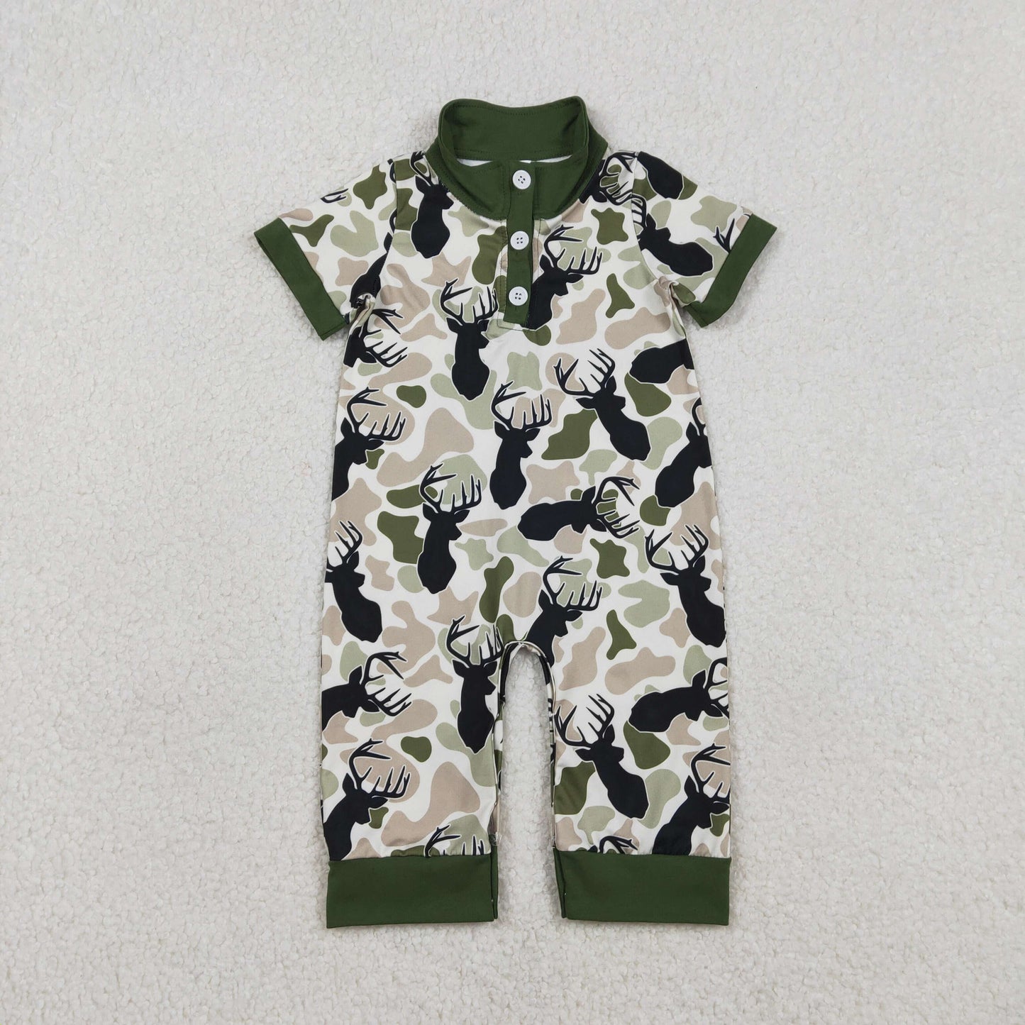 Baby Boys Short Sleeves Deer Camo Hunting Buttons Green Romper RTS