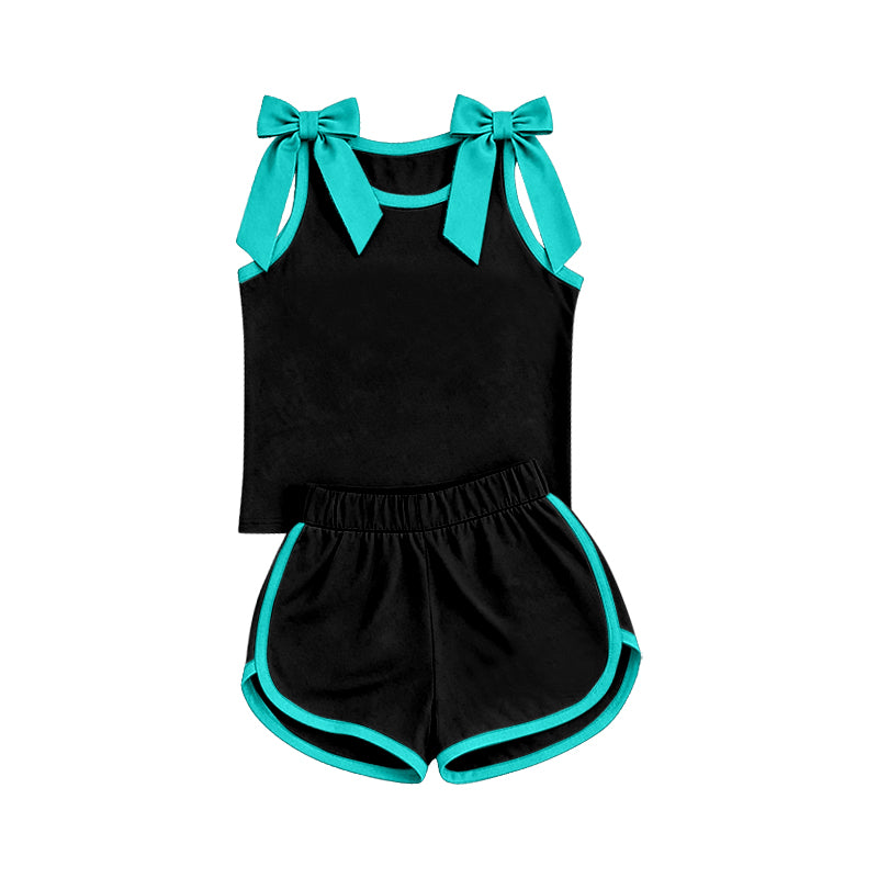 ( Moq 5 ) Preorder Baby Girls Kids Green Trim Sleeveless Bows Shirt Shorts Black Set Summer Clothes