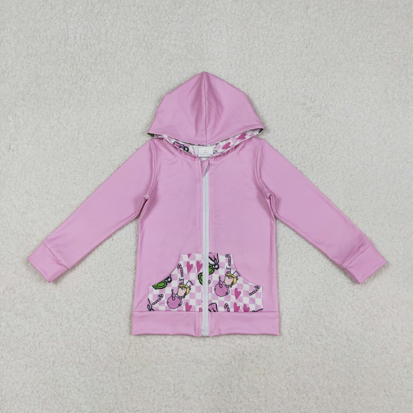 Baby Girl Pink Long Sleeves Green Face Christmas Hoodie Zipper Pockets Tops RTS