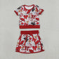 Baby Girls Toddler Short Sleeves Pigs Bows Football Team Shirt Shorts Yoga Red Set RTS