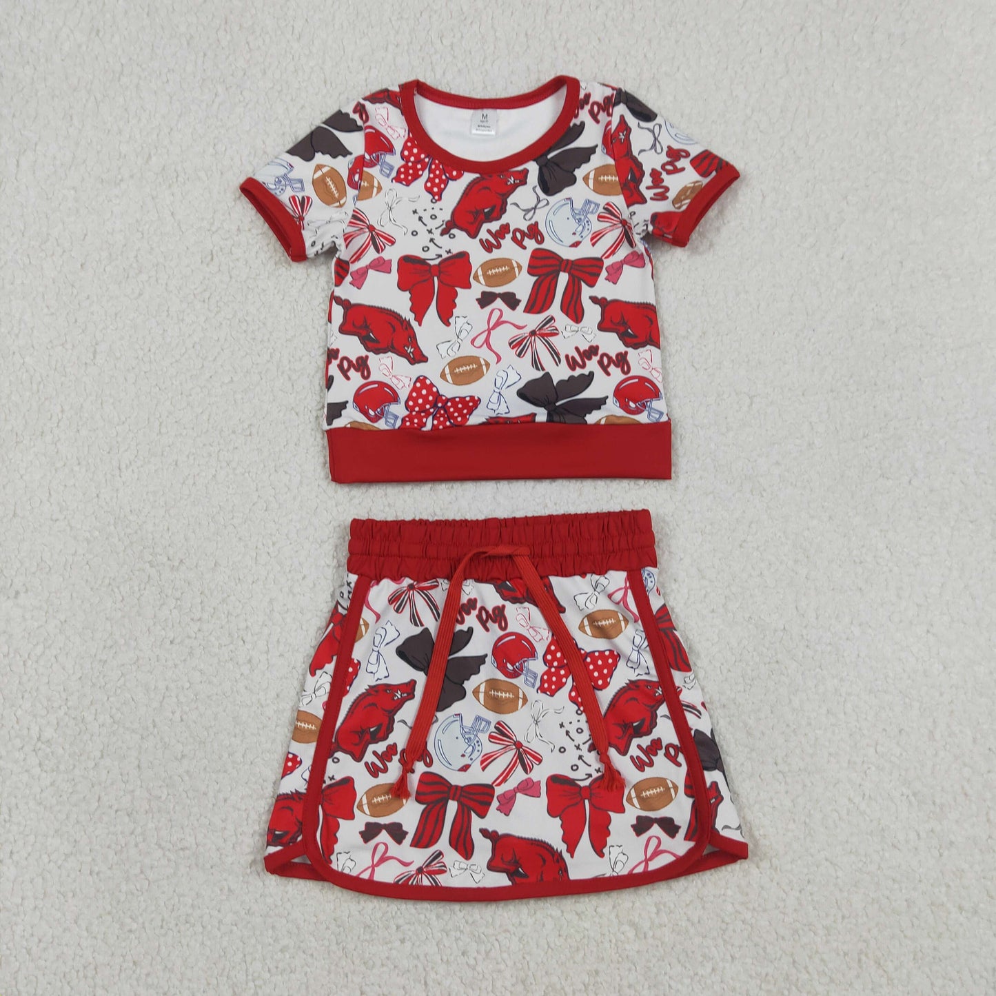 Baby Girls Toddler Short Sleeves Pigs Bows Football Team Shirt Shorts Yoga Red Set RTS