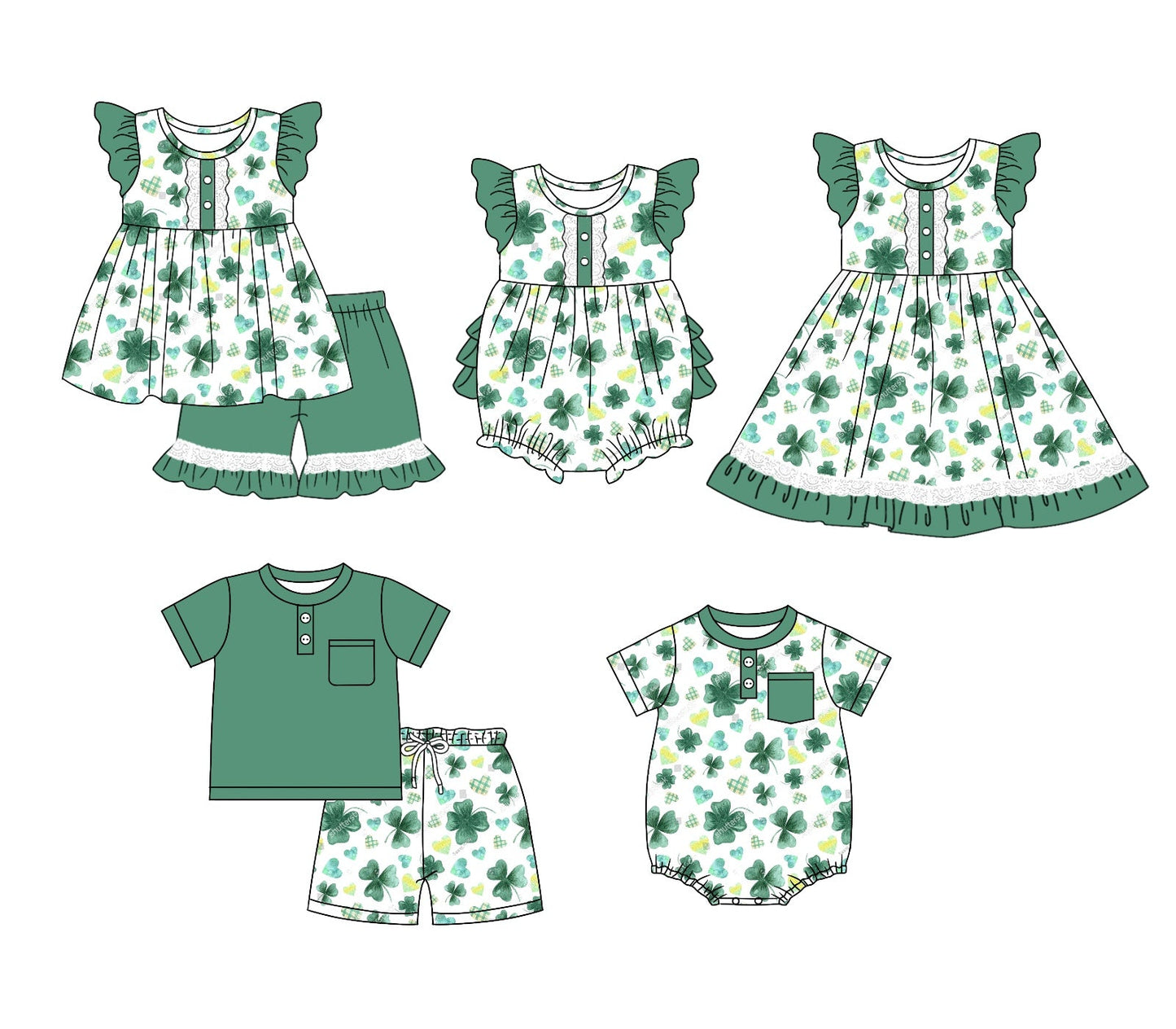 Baby Boy Girl Short Sleeves St. Patrick's Day Leaf Heart Sibling Matching Dress Romper Blue Clothes Set Moq 5 Each style