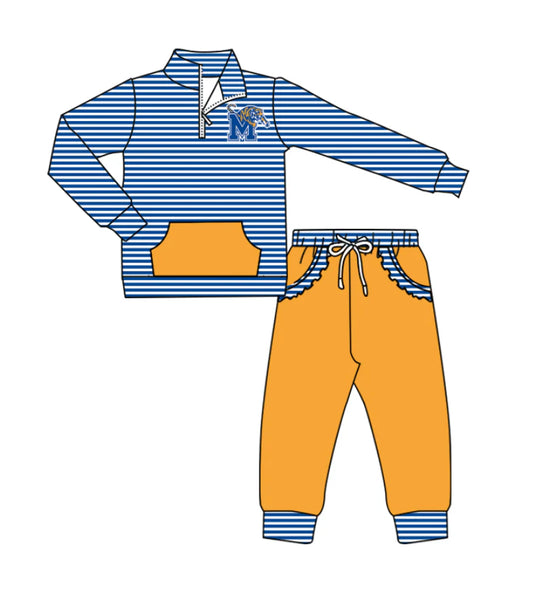 ( Moq 5 ) Baby Girls Toddler Blue Stripes Long Sleeves Zipper Tiger Pullover Pockets Pants Team Clothes Outfit