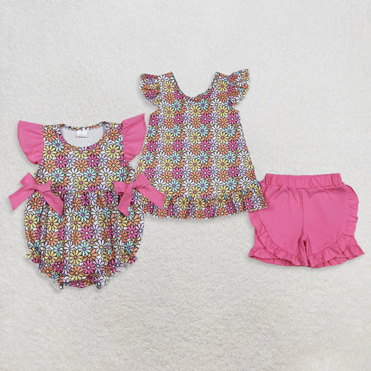 Sibling Baby Girls Kids Short Sleeves Flower Bows Tunic Shorts Set Romper Summer Clothes RTS